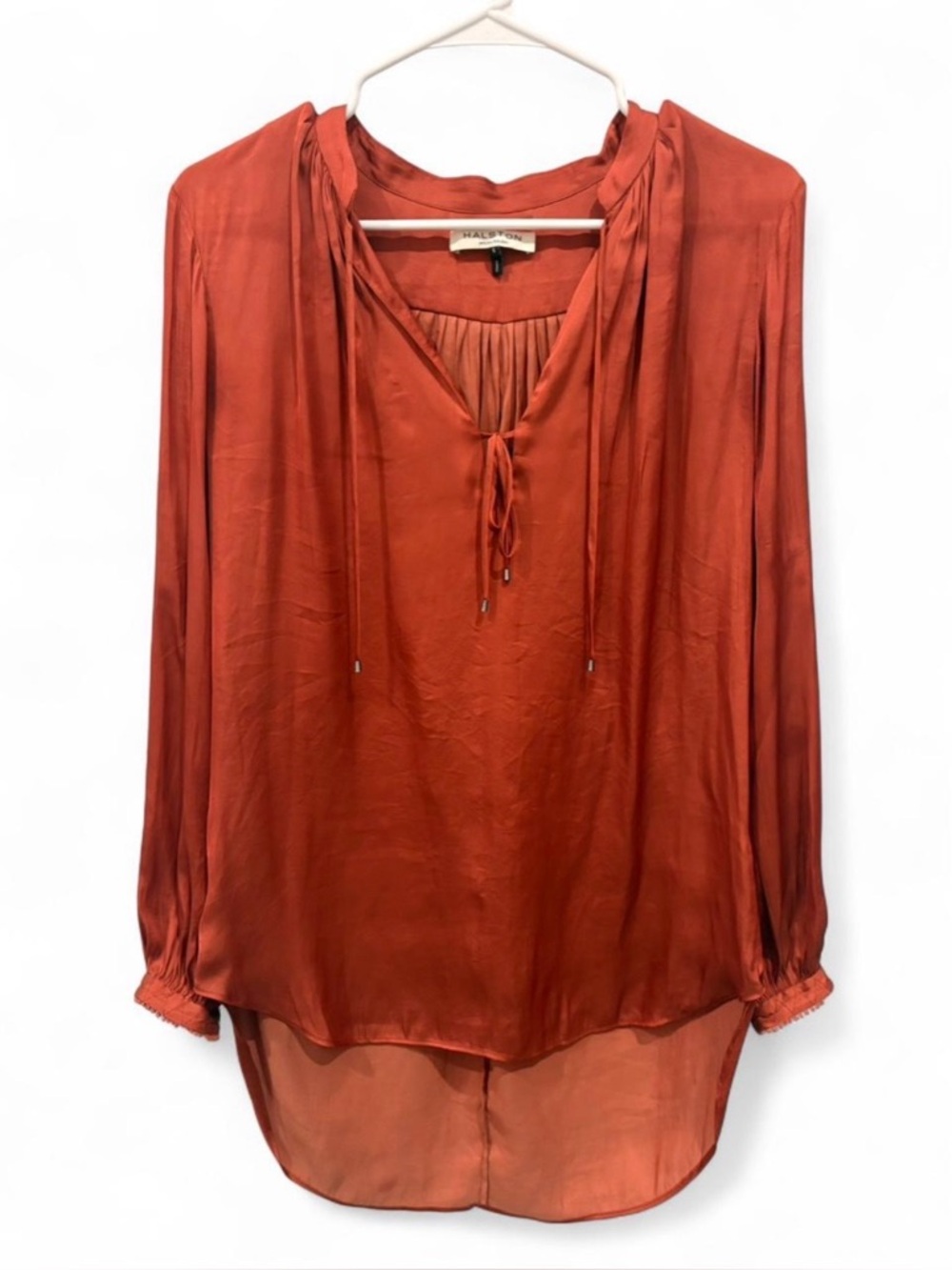 Halston Heritage Satin Tie Neck Blouse Rust Long Sleeve Hi Low Hem Top Small